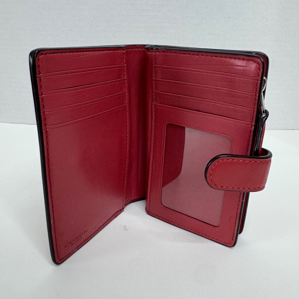 Coach Red Signature Embossed Pebble Leather Medium Corner Zip Bifold Wallet - Picture 6 of 11
